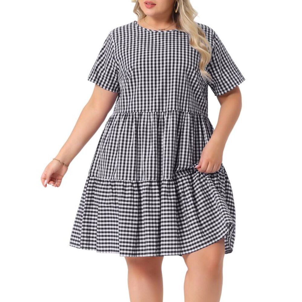 Plus Size Gingham 1950s Vintage Plaid Round Neck Tiered Midi Dress Black